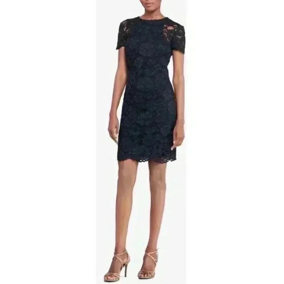 Lauren Ralph Lauren Dress Sz 10 Navy Blue Floral Lace Overlay Classic Cap Sleeve - Picture 1 of 9